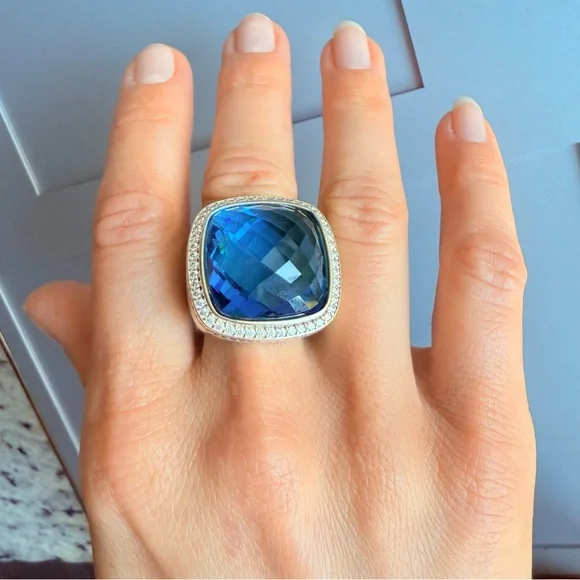 David Yurman Albion Ring 20mm Blue Topaz and Diamonds in Sterling Silver - Picture 5 of 10